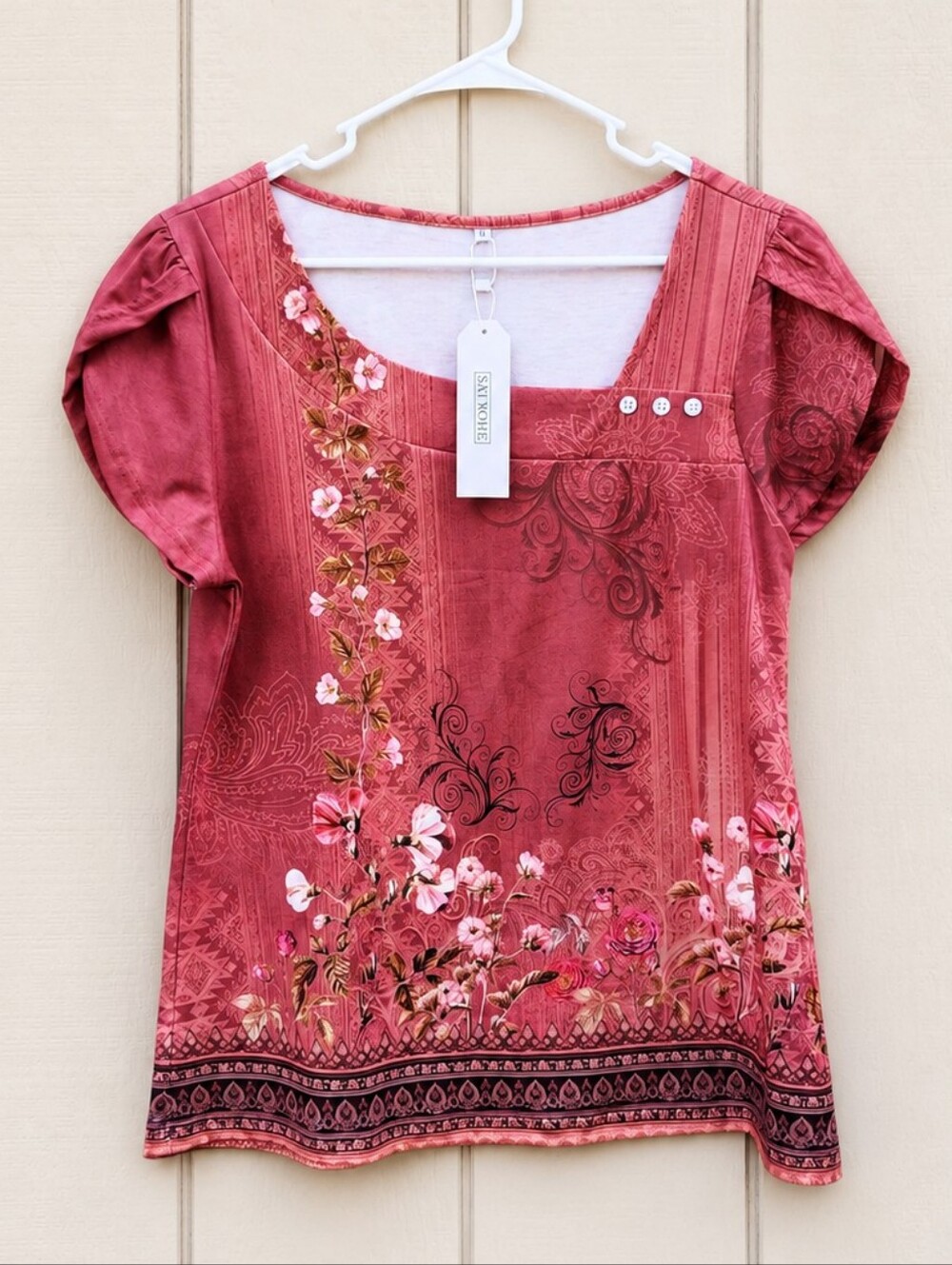 NEW Saukole Floral Top M Pink Boho Stretch Puff Sleeve Asymmetrical Neckline